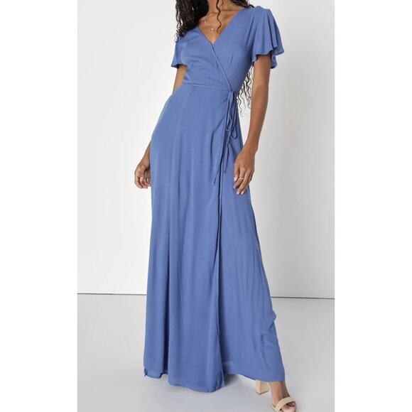NWT Lulus Womens Heart Of Marigold Maxi Wrap Dress‎ XL Flowy Wedding Denim Blue - Picture 1 of 14